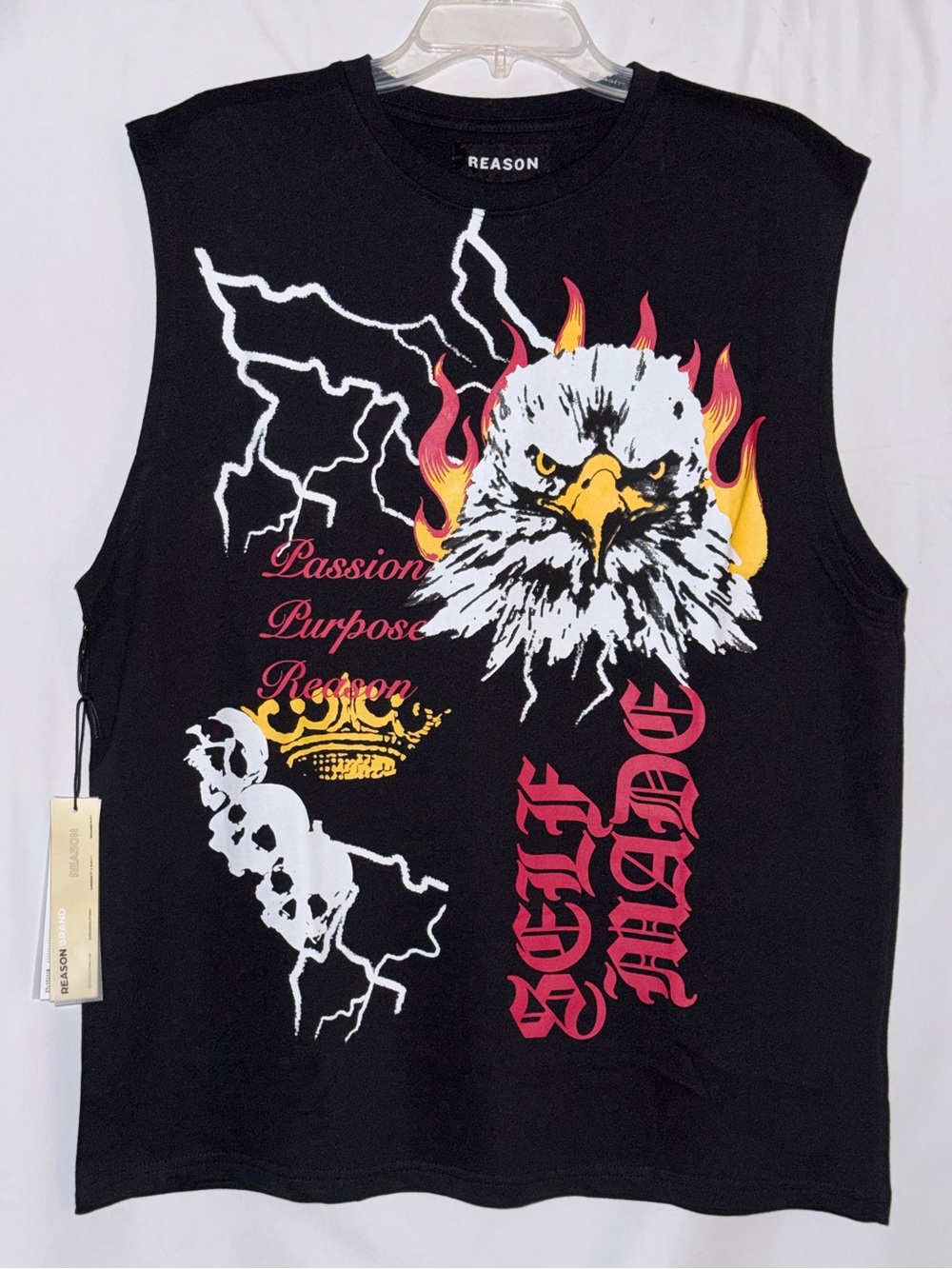 NWT Reason Black Sleeveless Tee with Flaming Eagle Graphic Size Medium